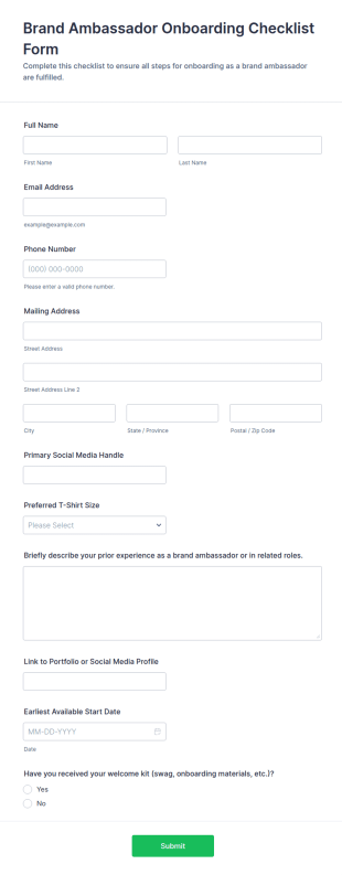 Brand Ambassador Onboarding Checklist Form Template