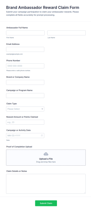 Brand Ambassador Reward Claim Form Template