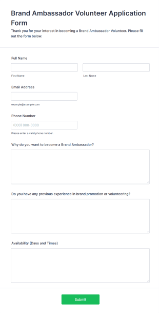 Brand Ambassador Volunteer Application Form Form Template