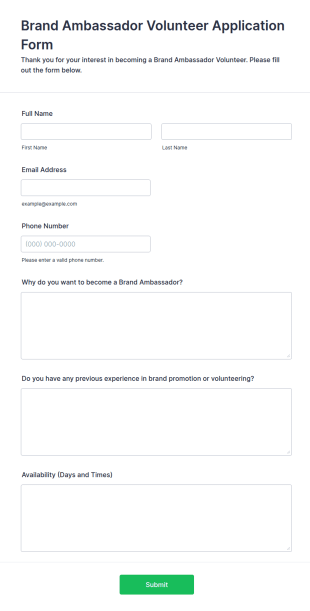 Brand Ambassador Volunteer Application Form Template