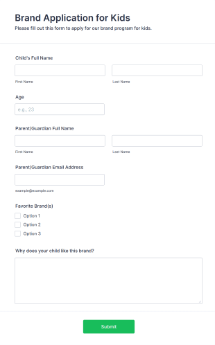 Brand Application For Kids Form Template
