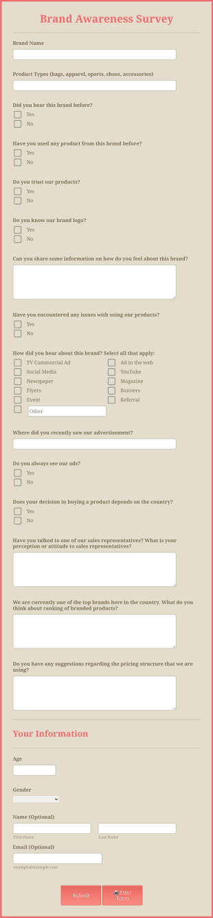 Brand Awareness Survey Form Template
