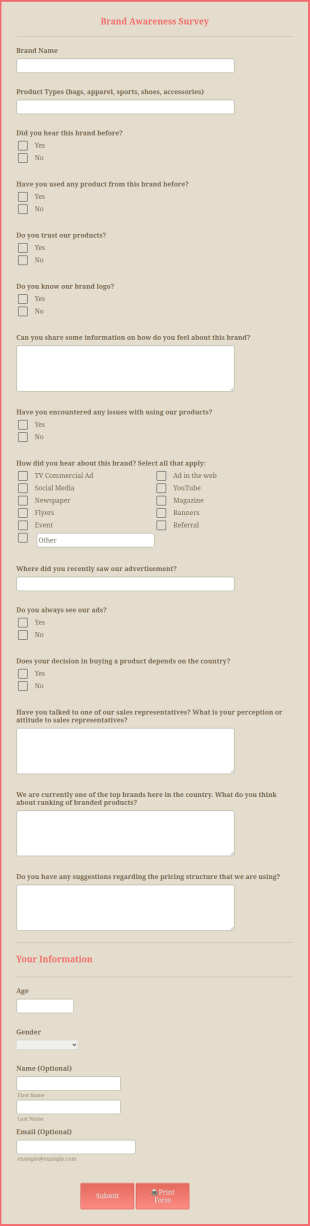 Brand Awareness Survey Form Template