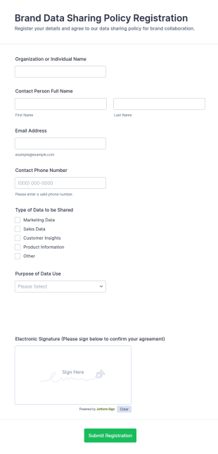 Brand Data Sharing Policy Registration Form Template