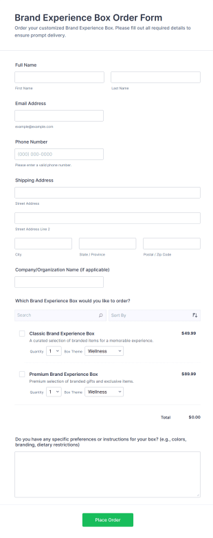 Brand Experience Box Order Form Template