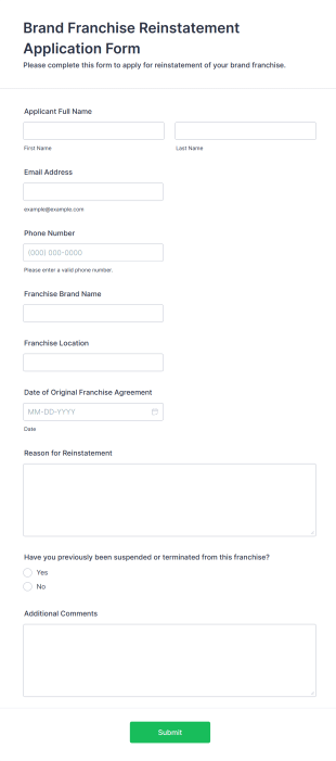 Brand Franchise Reinstatement Application Form Template