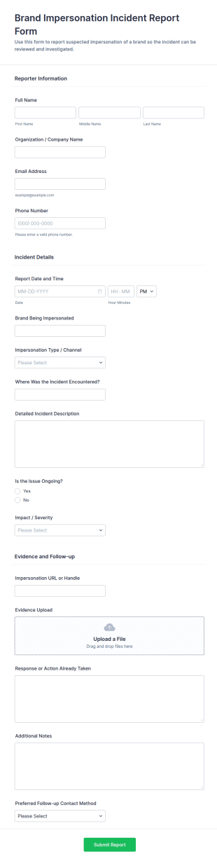 Brand Impersonation Incident Report Form Template