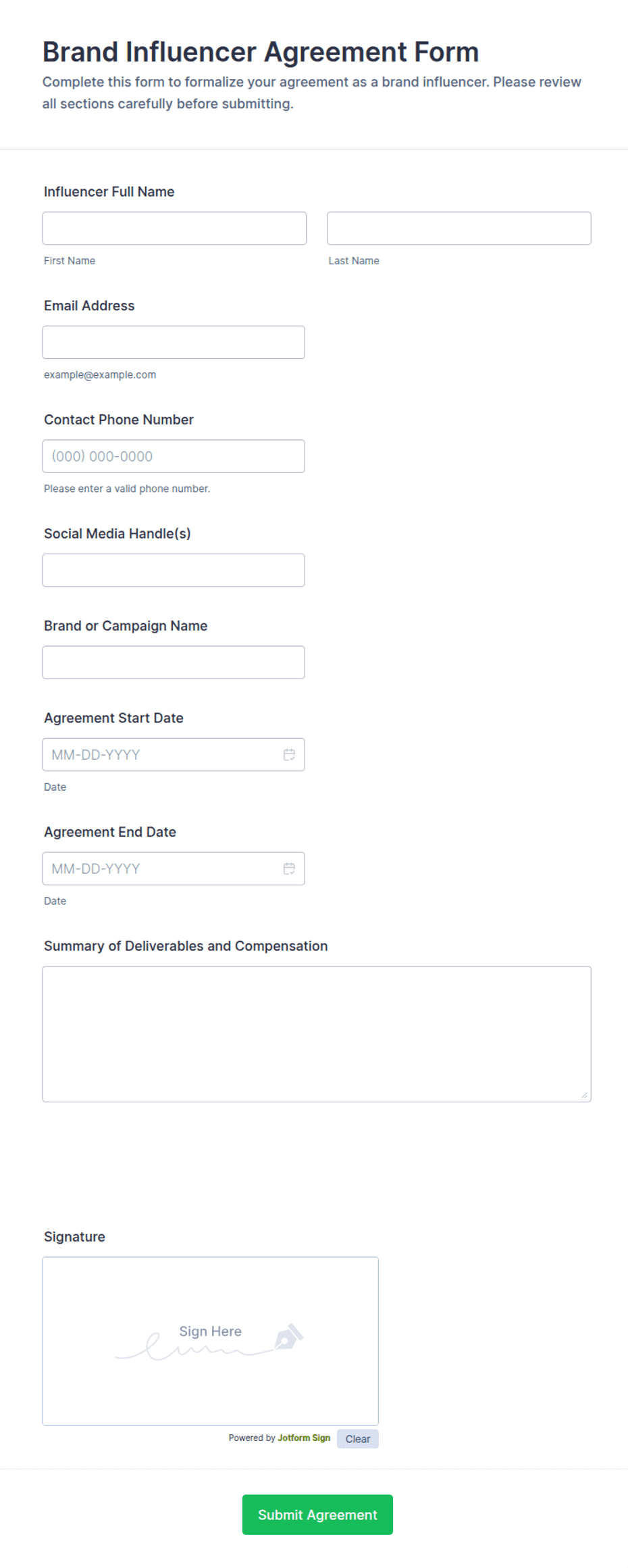 Brand Influencer Agreement Form Template | Jotform