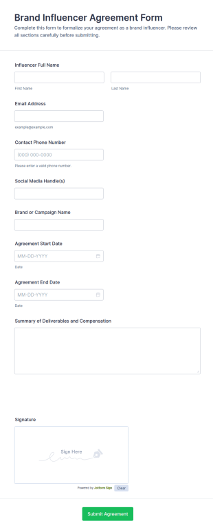 Brand Influencer Agreement Form Template