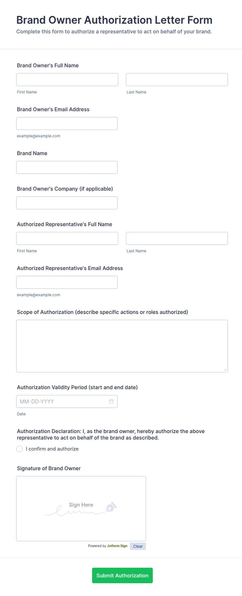 Brand Owner Authorization Letter Form Template | Jotform