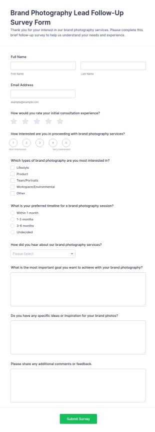 Brand Photography Lead Follow Up Survey Form Template