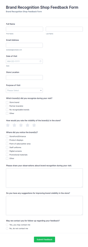 Brand Recognition Shop Feedback Form Template