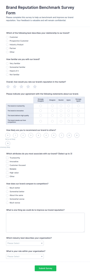 Brand Reputation Benchmark Survey Form Template