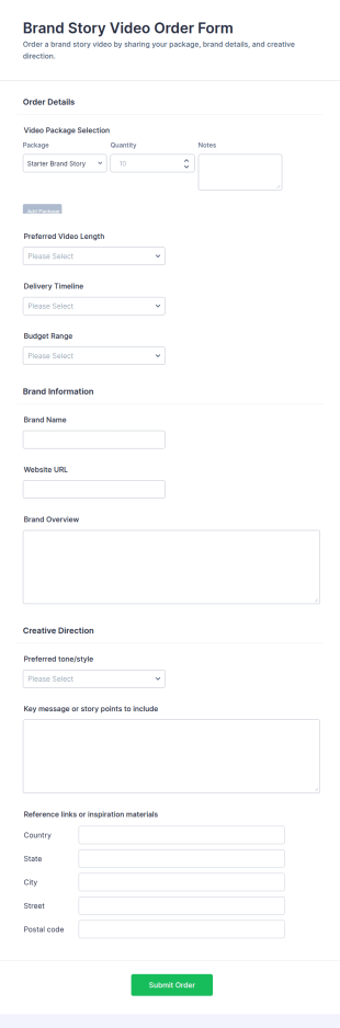 Brand Story Video Order Form Template
