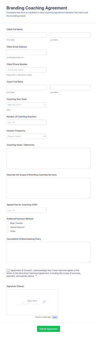 Branding Coaching Agreement Form Template