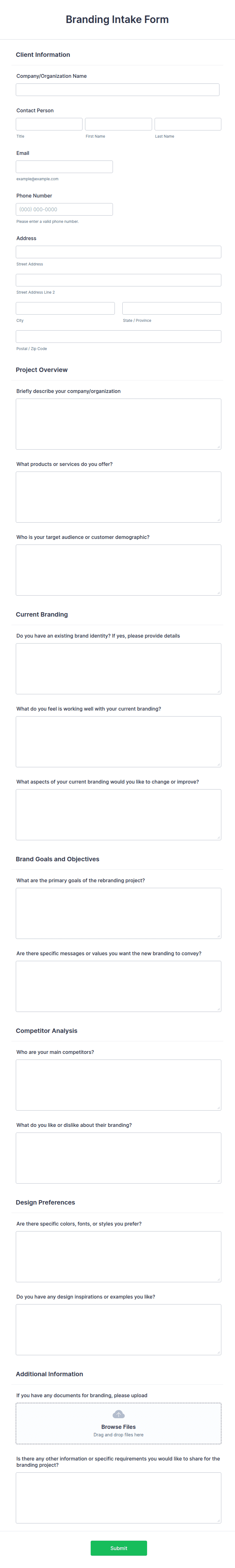 Factory Intake Form Branding Intake Form Template | Jotform