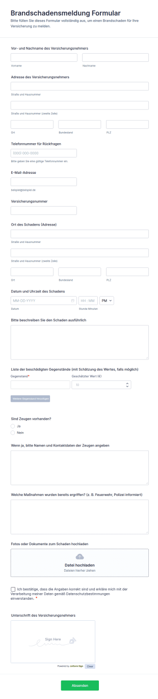 Brandschadensmeldung Formular