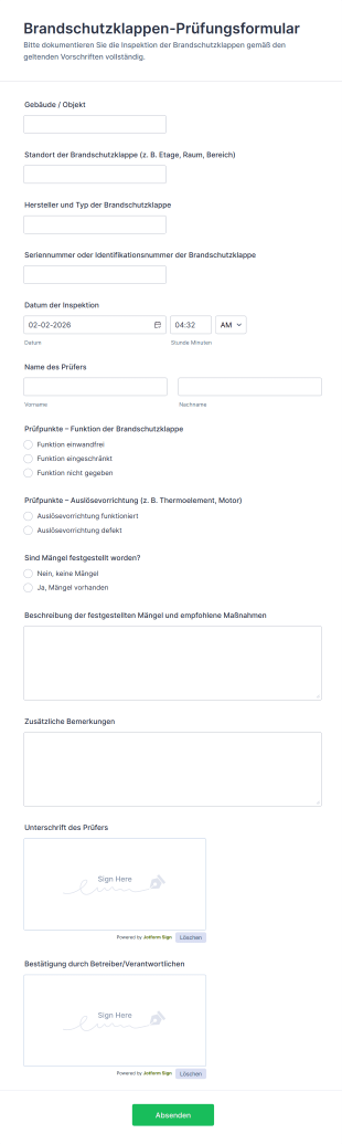Brandschutzklappen Prüfungsformular