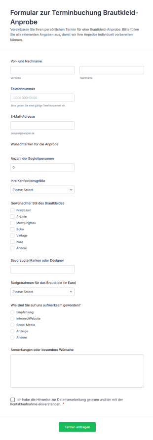 Brautkleid Terminvereinbarung Formular