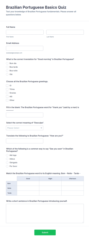 Brazilian Portuguese Basics Quiz Form Template