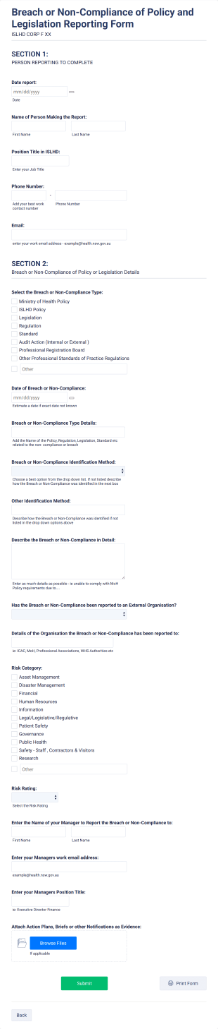 Breach Or Non Compliance Of Policy And Legislation Reporting Form Template