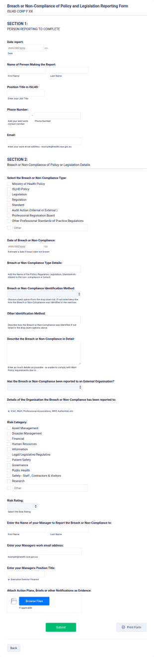 Breach Or Non Compliance Of Policy And Legislation Reporting Form Template
