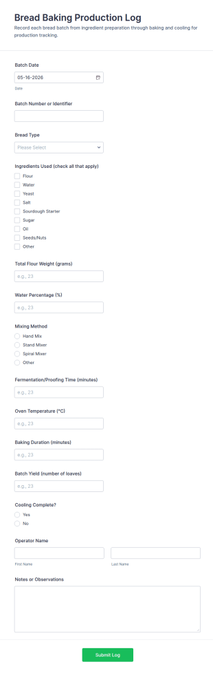 Bread Baking Production Log Form Template