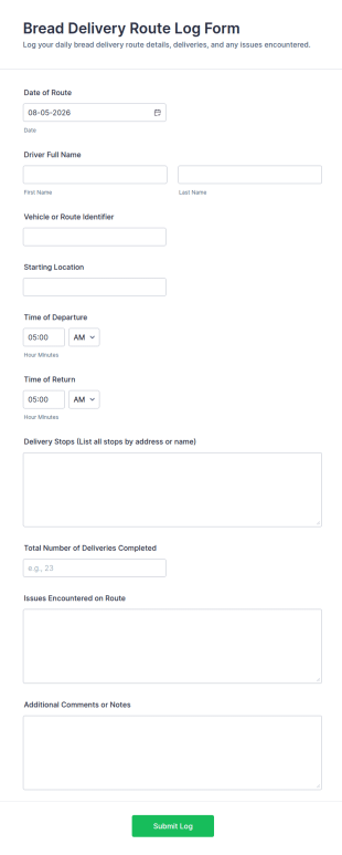 Bread Delivery Route Log Form Template