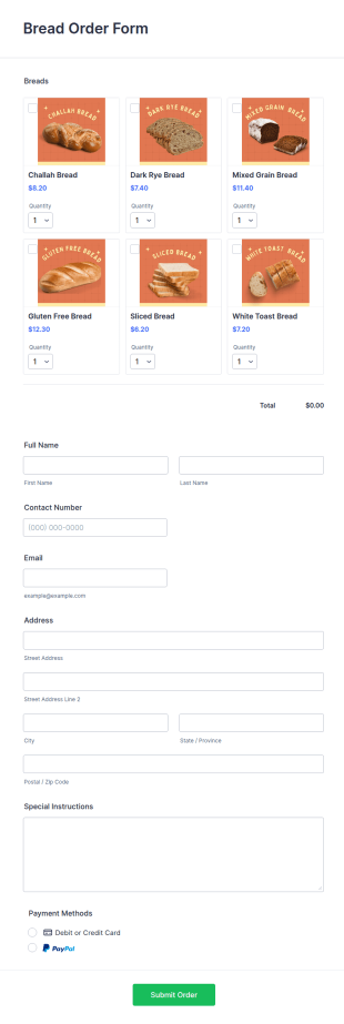 Bread Order Form Template