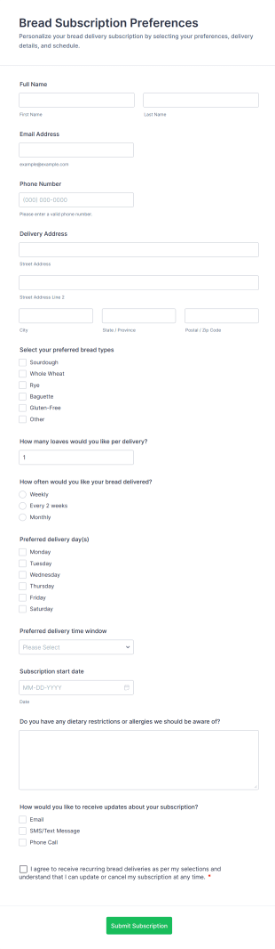 Bread Subscription Preferences Form Template