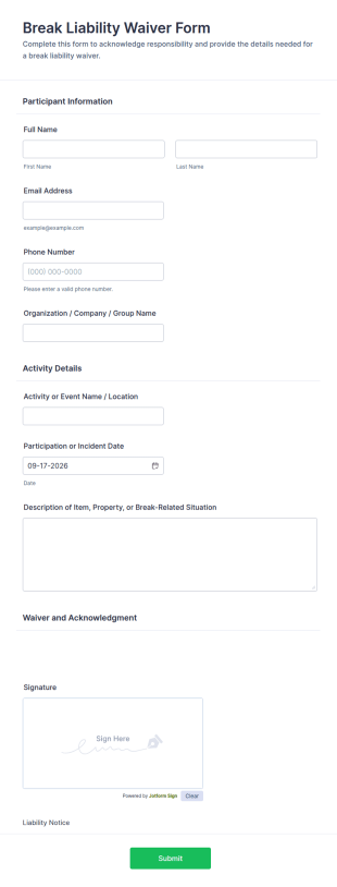 Break Liability Waiver Form Template