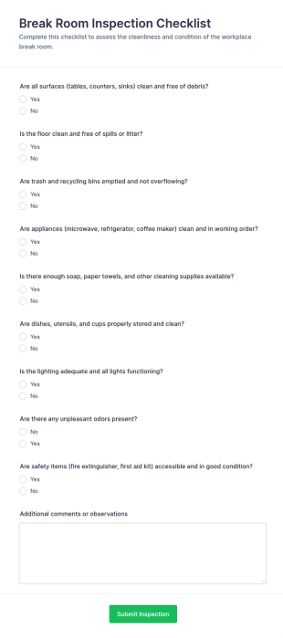Break Room Inspection Checklist Form Template