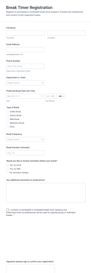 Break Timer Registration Form Template