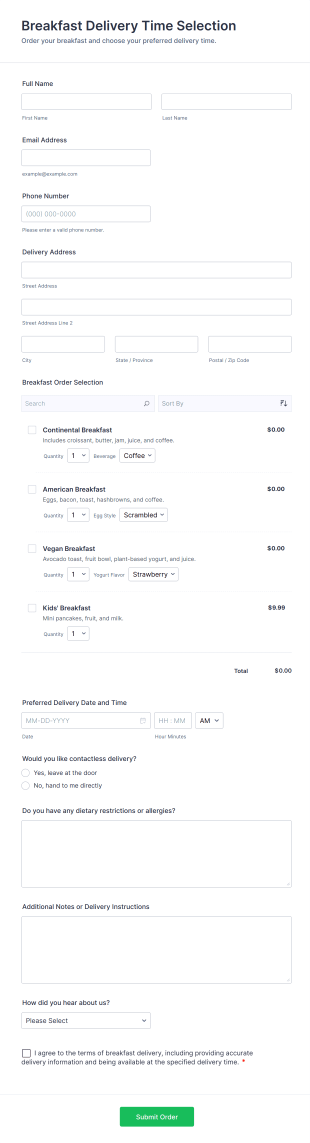 Breakfast Delivery Time Selection Form Template