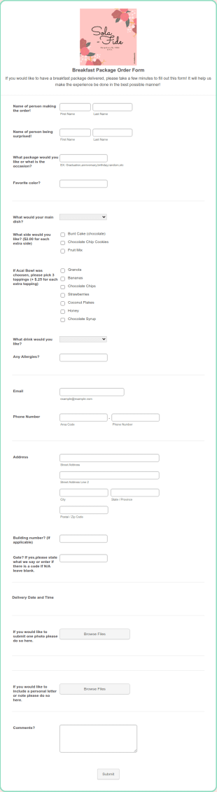 Breakfast Package Order Form Template