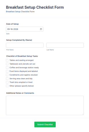 Breakfast Setup Checklist Form Template