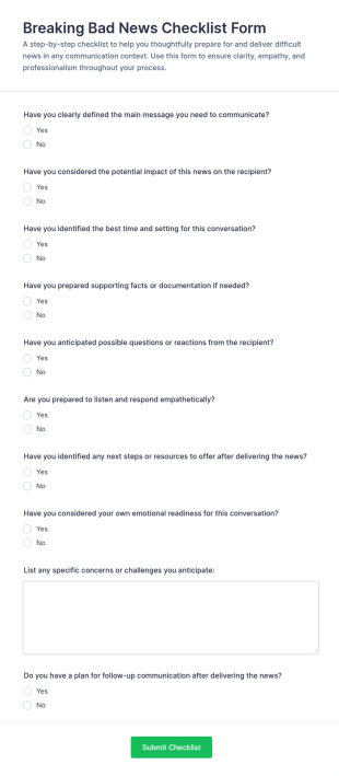 Breaking Bad News Checklist Form Template
