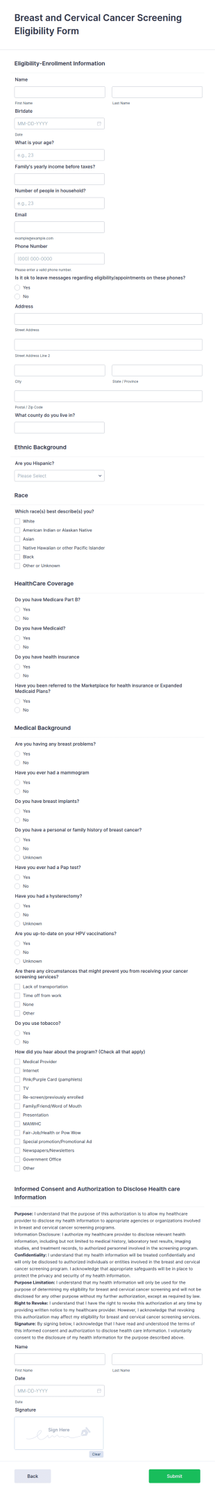 Breast And Cervical Cancer Screening Eligibility Form Template