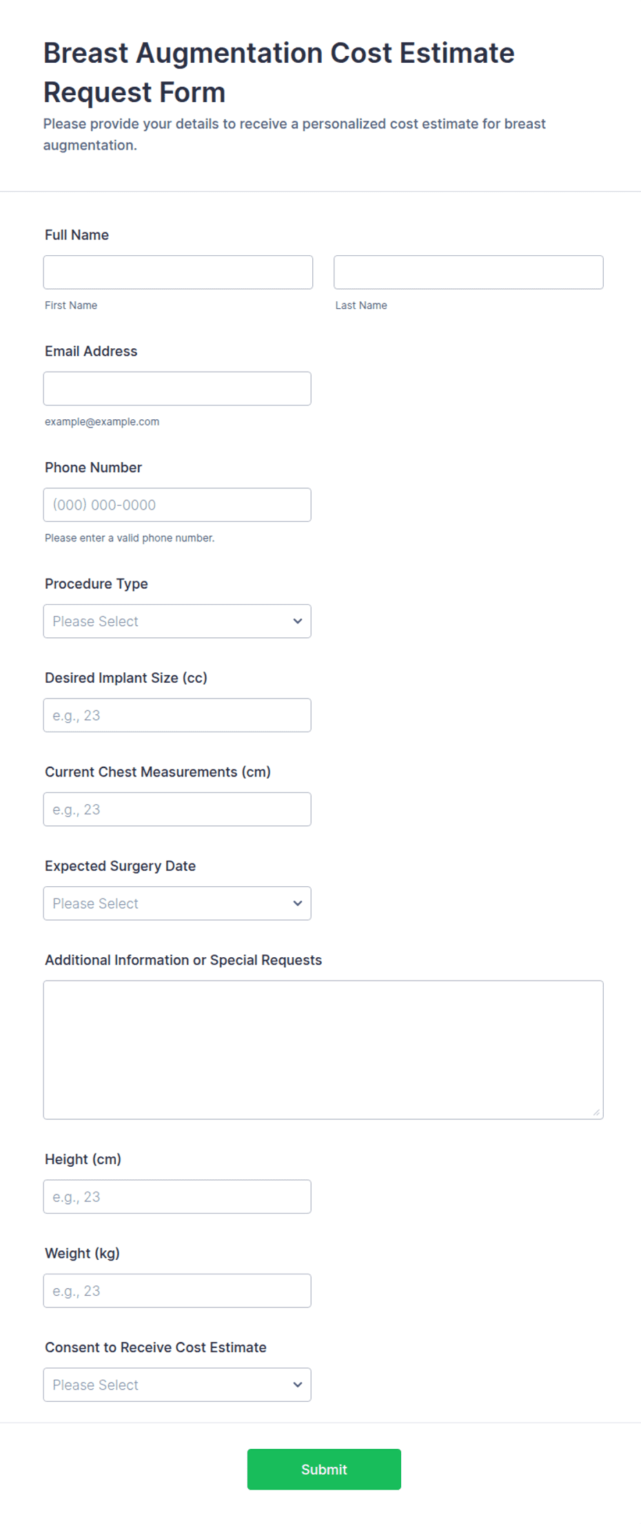 Breast Augmentation Cost Estimate Request Form Template | Jotform
