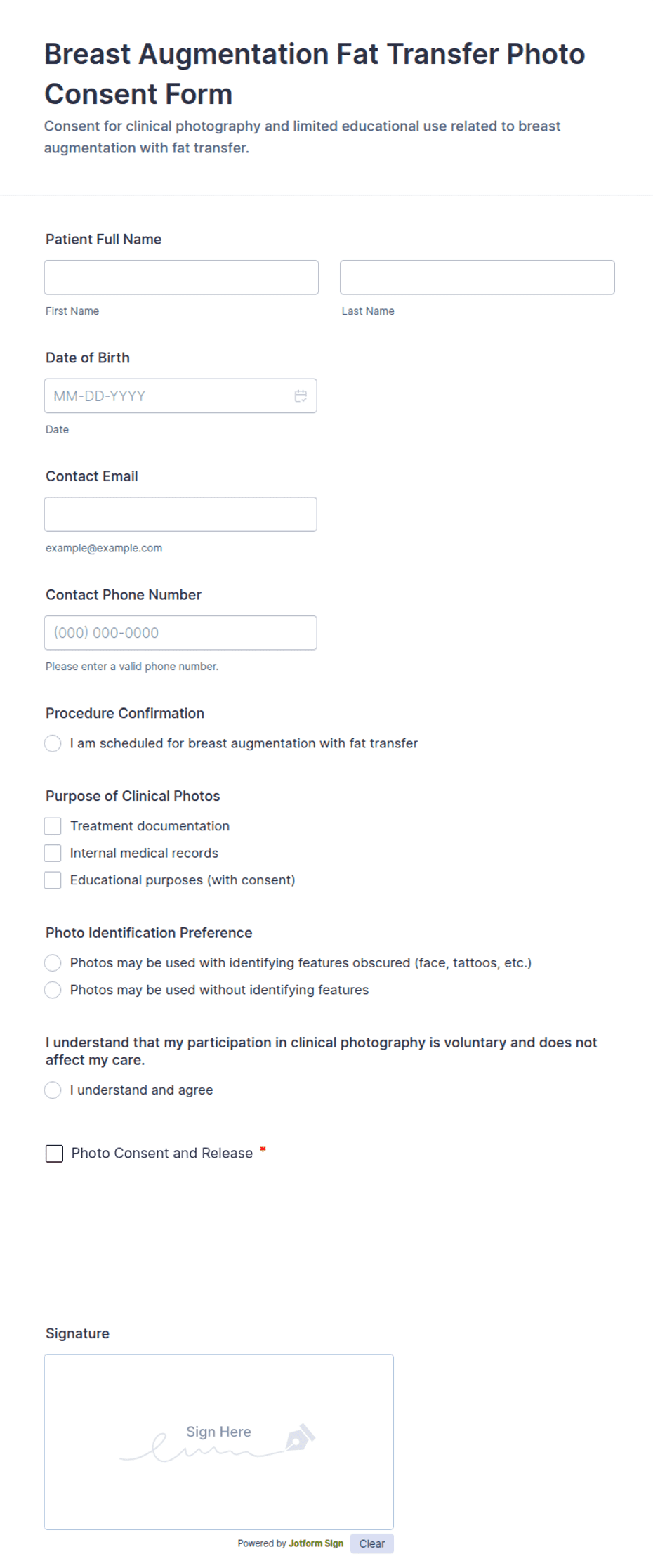 Augmentation Form Breast Augmentation Fat Transfer Photo Consent Form Template | Jotform