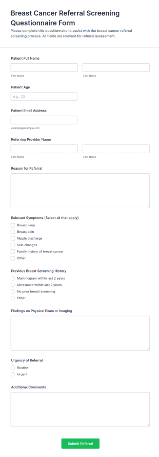 Breast Cancer Referral Screening Questionnaire Form Template