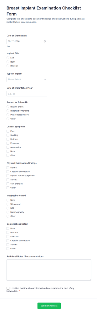 Breast Implant Examination Checklist Form Template