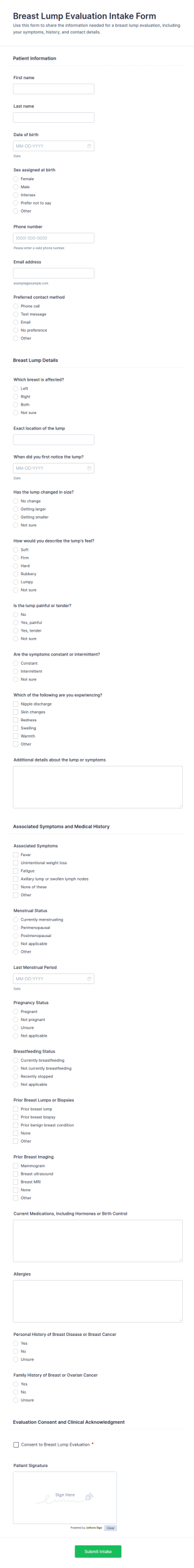 Breast Lump Evaluation Intake Form Template