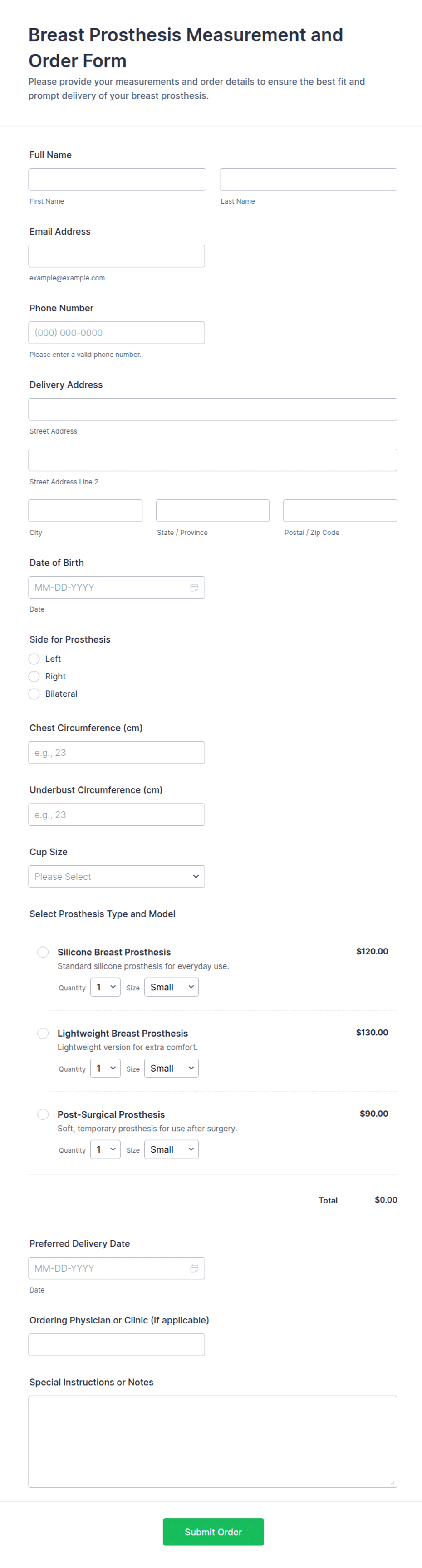 Breast Prosthesis Measurement and Order Form Template | Jotform