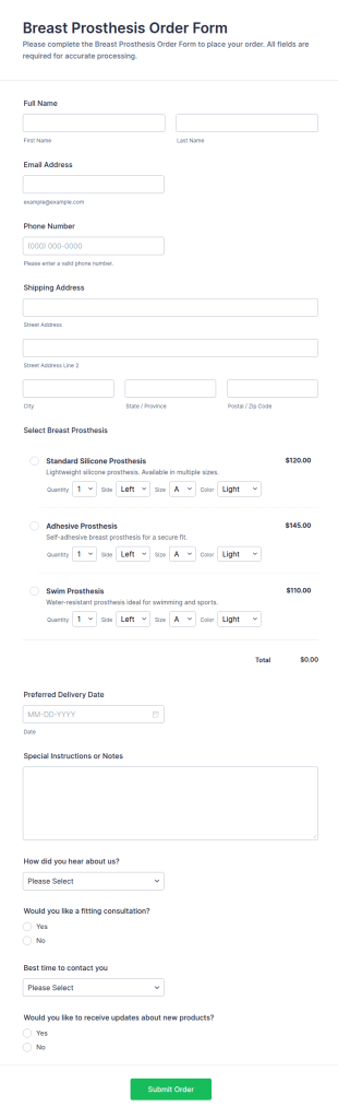 Breast Prosthesis Order Form Template