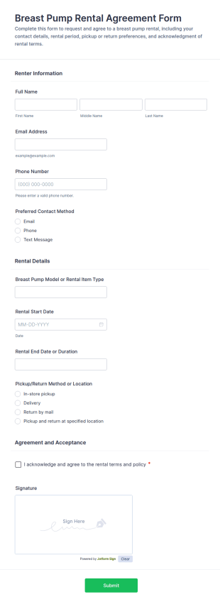 Breast Pump Rental Agreement Form Template