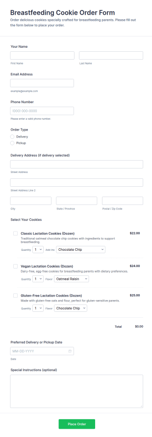 Breastfeeding Cookie Order Form Template