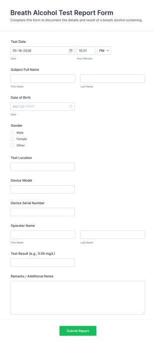 Breath Alcohol Test Report Form Template