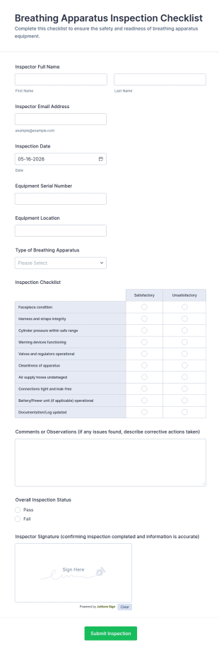 Breathing Apparatus Inspection Checklist Form Template