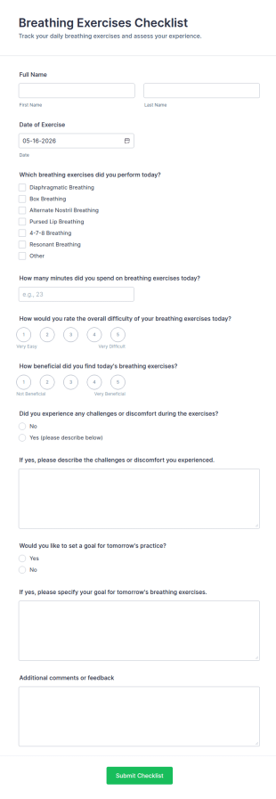 Breathing Exercises Checklist Form Template